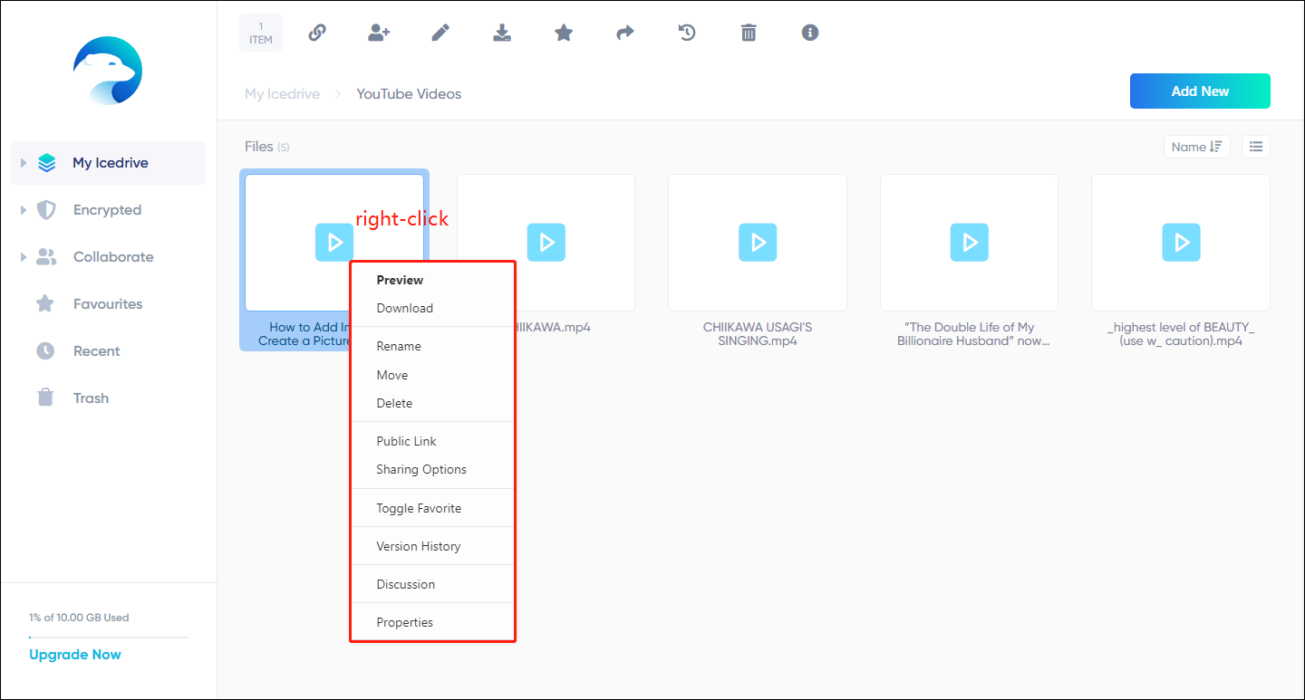 Right-click a file to manage it