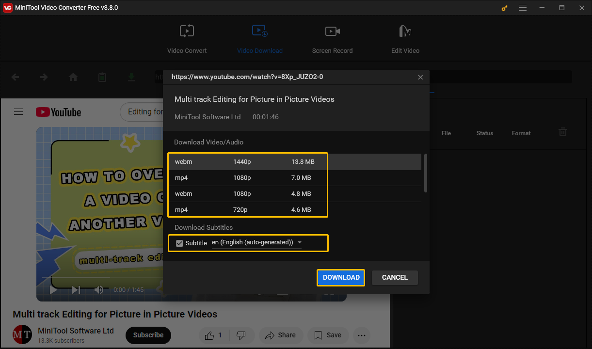 Select the format and resolution, choose whether to download subtitles, and click DOWNLOAD button