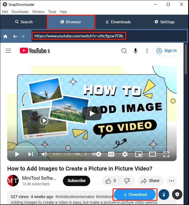 Choose the Browser tab, paste video URL in the address bar, and click Download