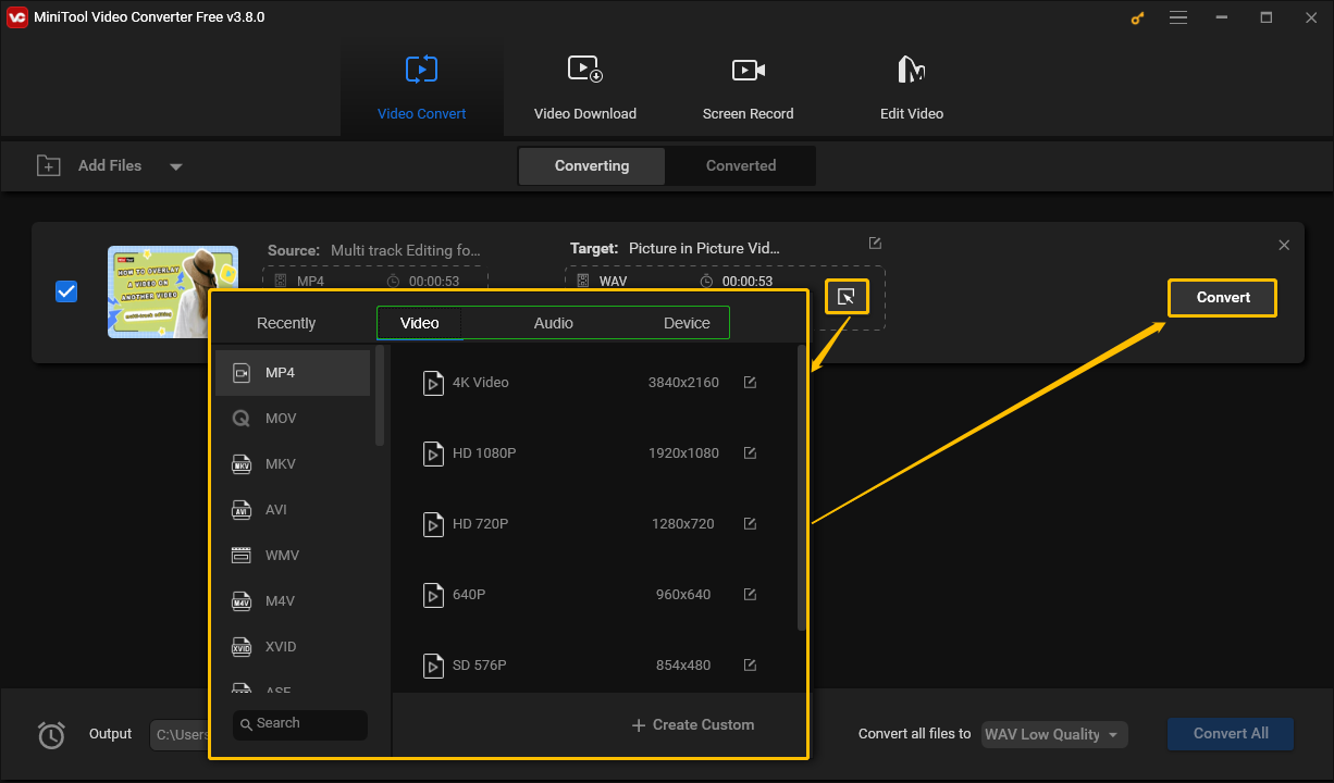 Click the arrow icon, choose the output format, and click the Convert button