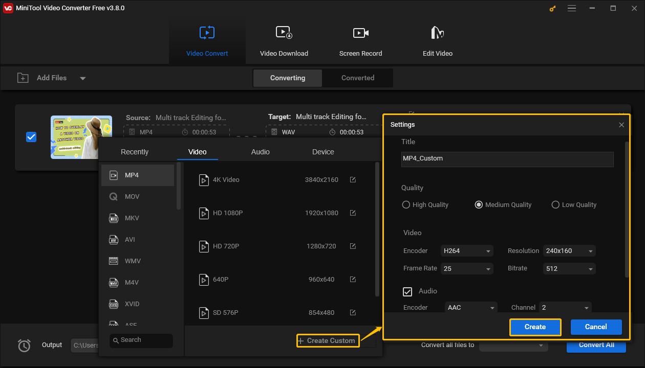 Click the + Create Custom option, set your preference in the Settings window, and click Create