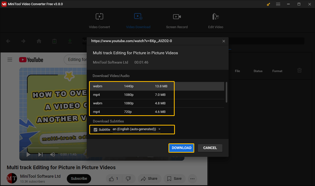 Select the output format, choose whether to download the video’s subtitles, and then click the DOWNLOAD button