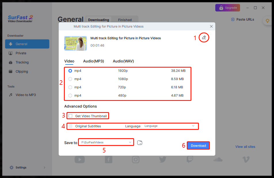 Rename the file, choose an output format choose whether to download the thumbnail and subtitles, choose the save path, and click Download