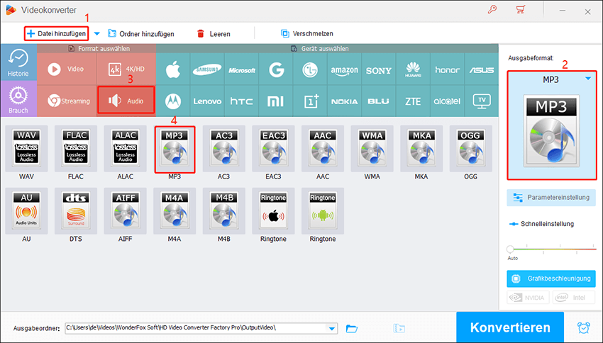 Klicken Sie auf Dateien hinzufügen, klicken Sie auf das Format-Symbol und wählen Sie MP3 unter Audio, um das Ausgabeformat in HD Video Converter Factory Pro sicherzustellen