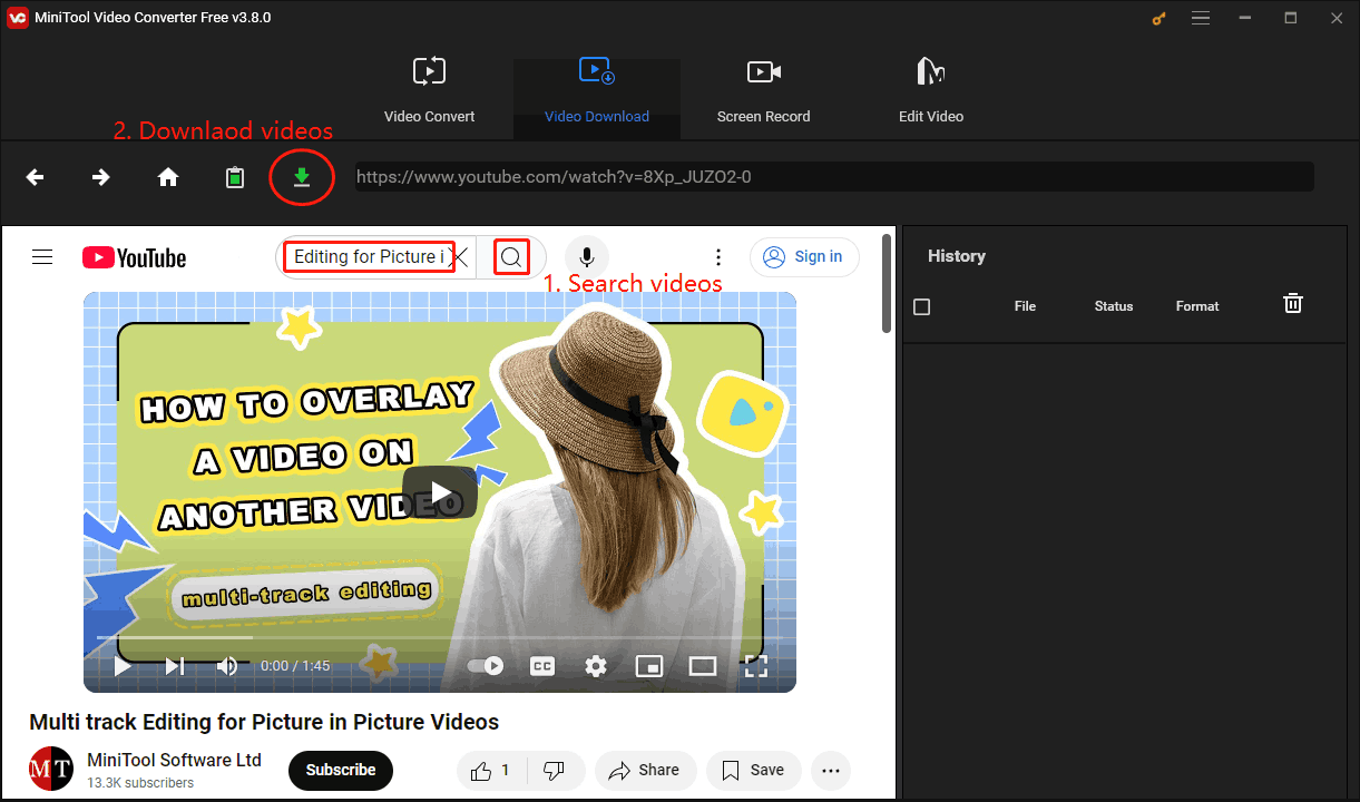 Search and play the videos in the built-in browser and click the Download icon