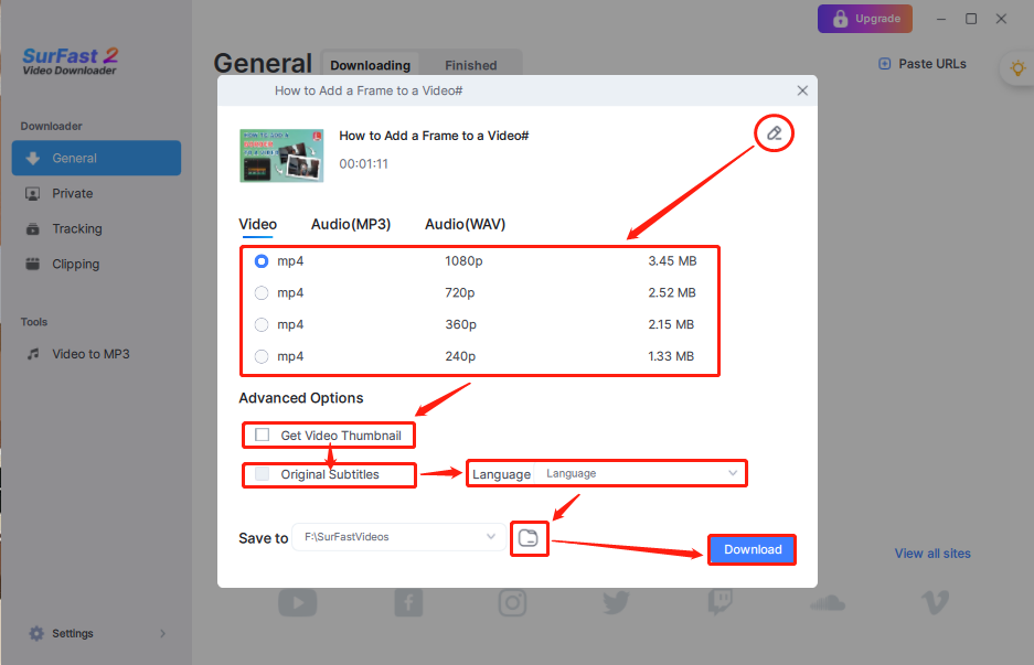 Rename the video file, set the output format, choose whether to download the thumbnail and subtitles, set the save path, and click Download