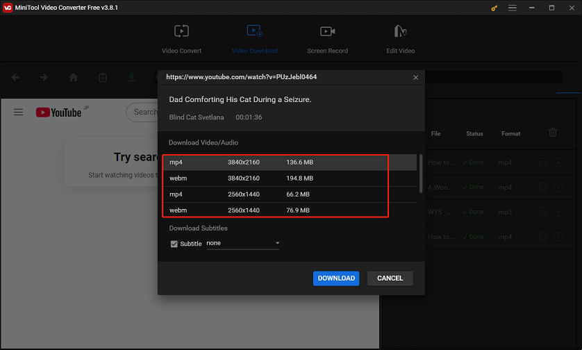 Select MP4 as the output format under Download Video/Audio in MiniTool Video Converter