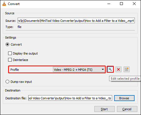 Select Video – MPEG-2 + MPGA (TS) under the Profile dropdown and click on Edit selected profile in VLC