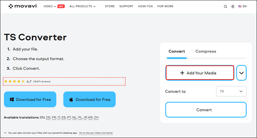 Click the + Add Your Media button to upload the downloaded YouTube video to this online TS converter