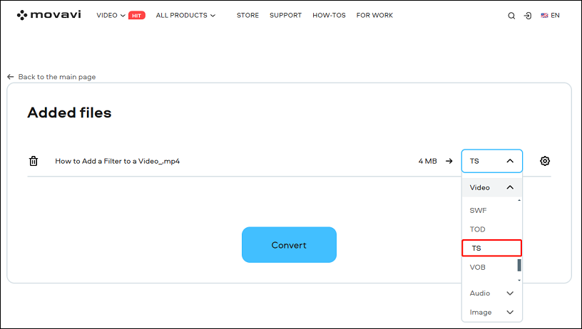 Select the TS format to convert the YouTube video to TS files via Movavi