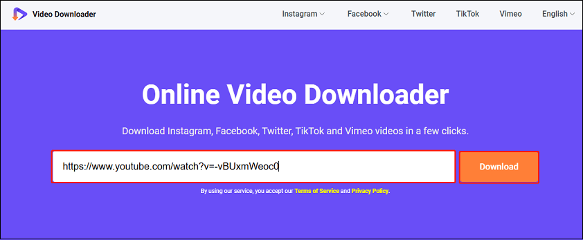 Paste the copied YouTube video link into the box and click the Download button on viddown.net