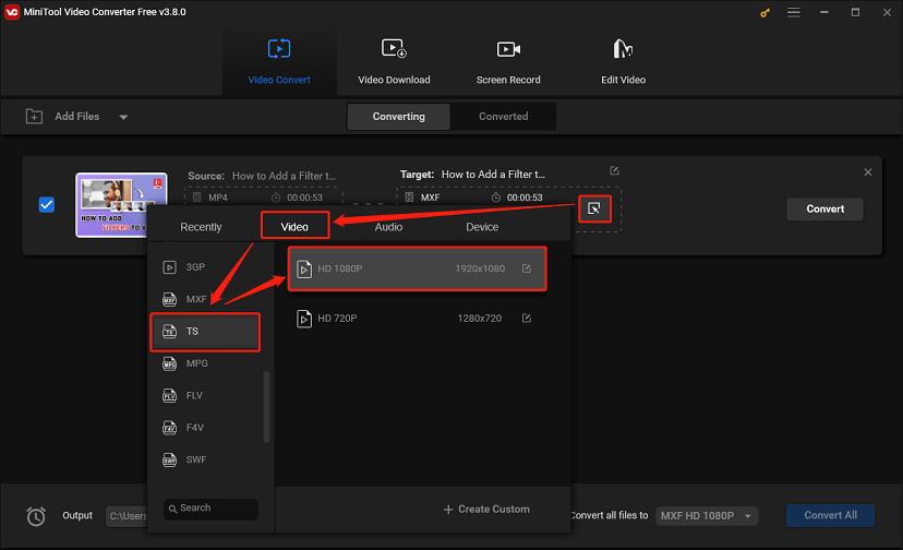 Click the diagonal arrow icon, select the Video tab, click the TS format, and select a resolution option in MiniTool Video Converter