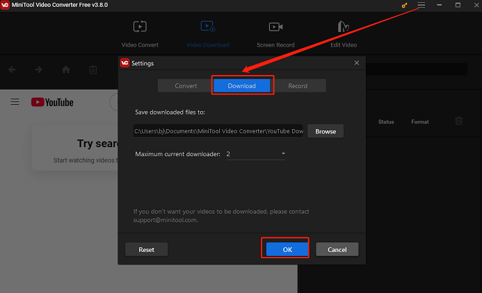 Click on menu > Settings > to configure download settings in MiniTool Video Converter