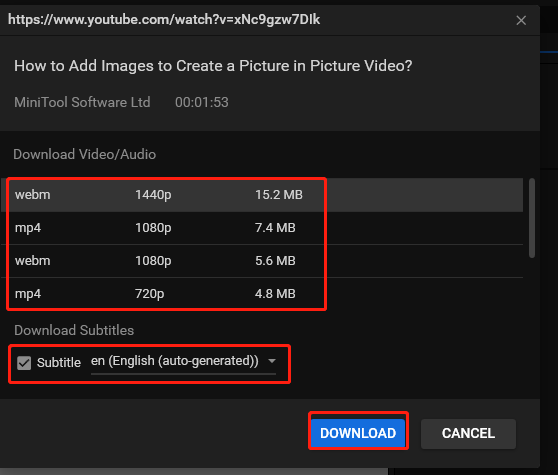 Choose an output format, tick on Subtitle, and click on DOWNLOAD in MiniTool Video Converter