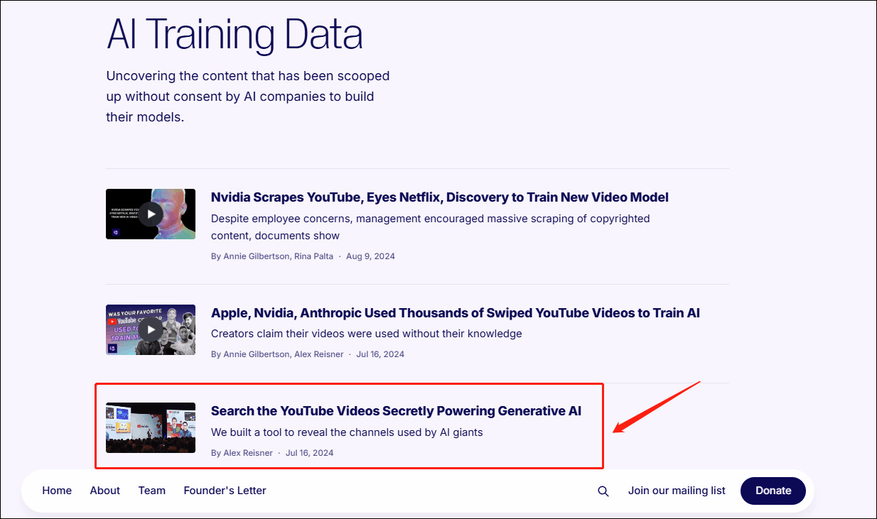 Choose the post titled Search the YouTube Videos Secretly Powering Generative AI