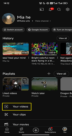 Switch to the You tab and choose the Your videos option