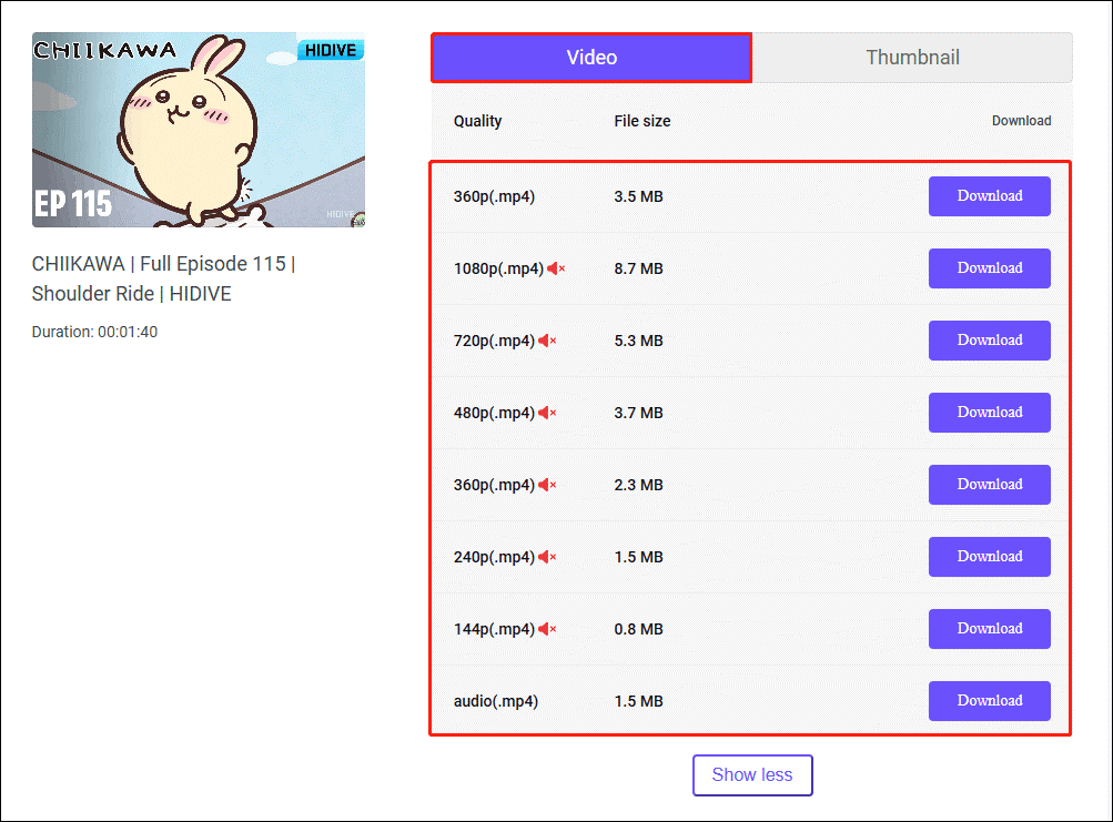 Choose output format and click Download