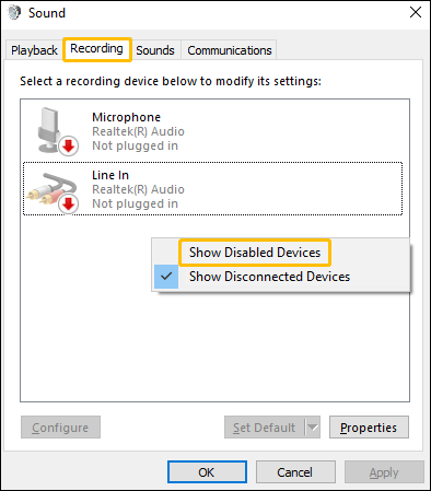 In the Sound window, choose the Recording tab, right-click any blank space, and select Show Disabled Devices