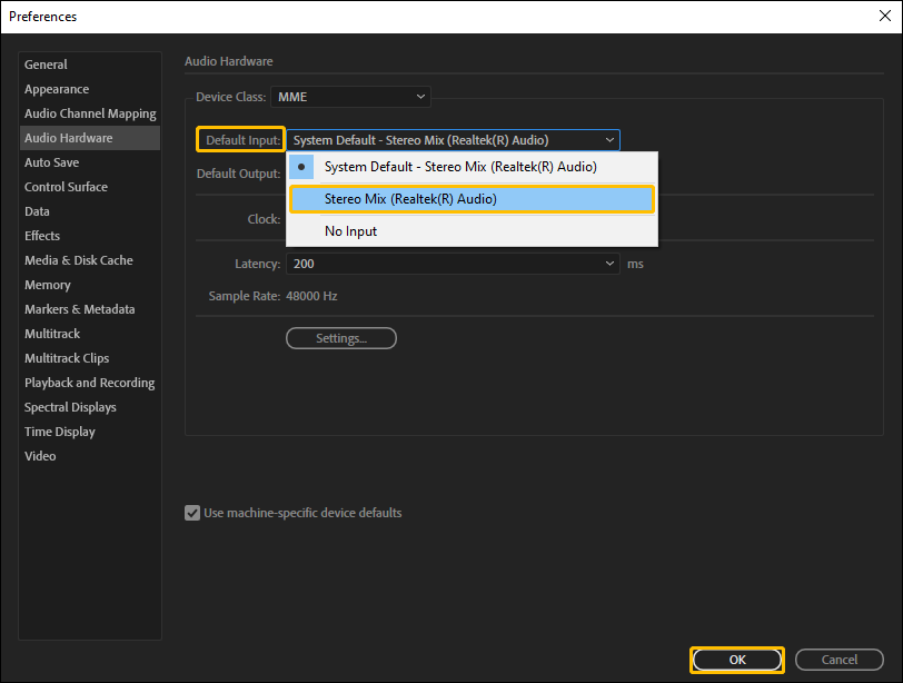 Expand the Default Input option and choose Stereo Mix (Realtek(R) Audio)