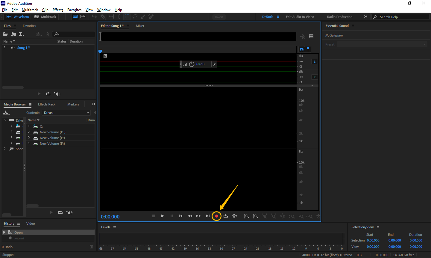 Click the record button in Adobe Audition to start recording