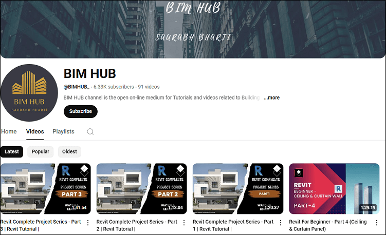 The channel homepage of BIM HUB on YouTube