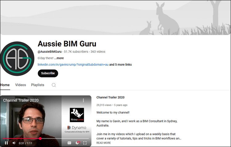 The channel homepage of Aussie BIM Guru on YouTube