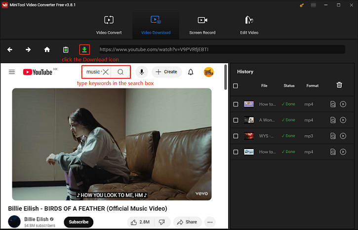 Type keywords in the search box and click on the Download icon in MiniTool Video Converter