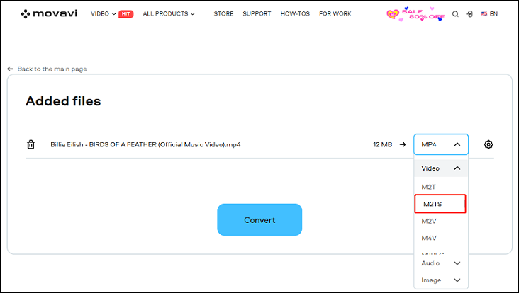 Select M2TS as the output format in Movavi Online Video Converter