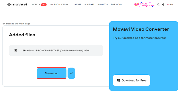 Click the Download button to save the M2TS file in Movavi Online Video Converter