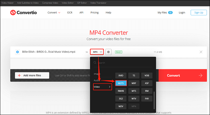 Choose the M2TS format as the targeted format in Convertio