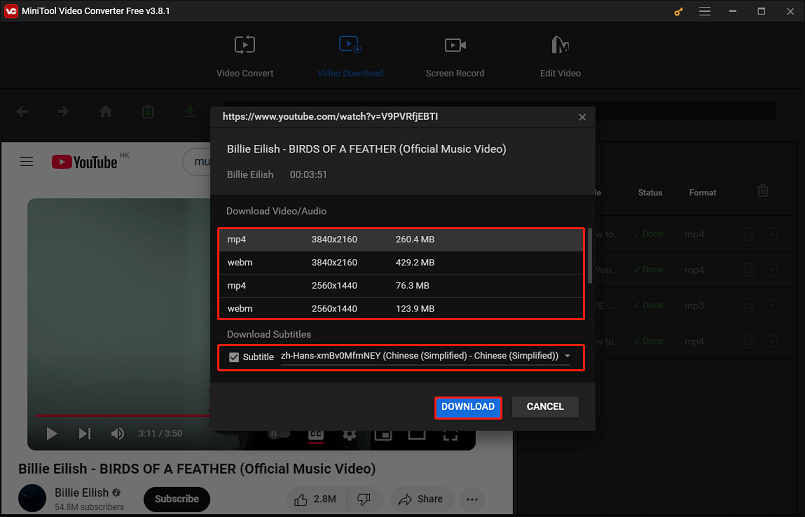 Select the download format and quality, tick the box next to Subtitle, and click on DOWNLOAD in MiniTool Video Converter