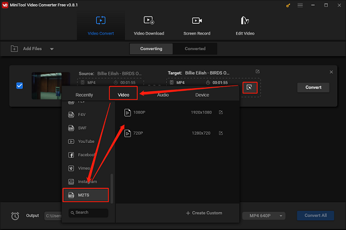 Click the diagonal arrow > Video > M2TS, and choose a desired quality option in MiniTool Video Converter