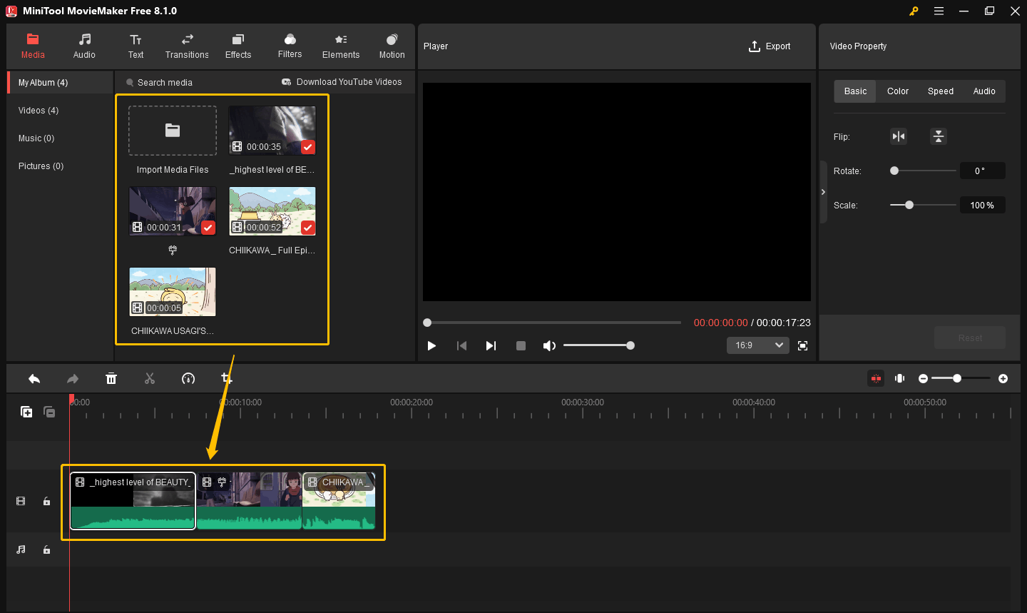 Drag and drop these videos into the editing area