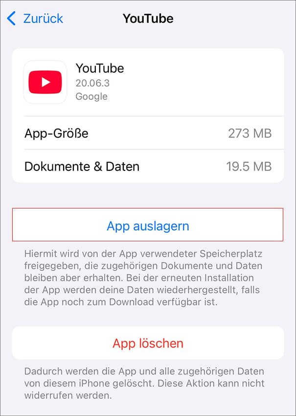 Klicken Sie auf App auslagern, um den YouTube-Cache auf iOS zu leeren.