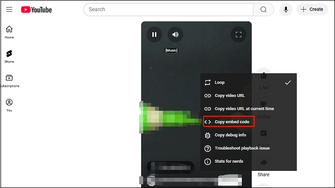 Right-click on YouTube Shorts video and choose Copy embed code