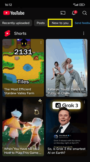 The New to you tab on the YouTube app