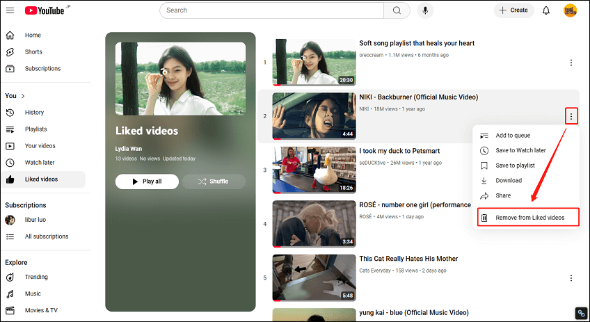 Delete liked videos by clicking the three-dot icon and selecting Remove from Liked videos