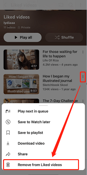 Tap the three-dot icon and choose the Remove from Liked videos option on the YouTube app