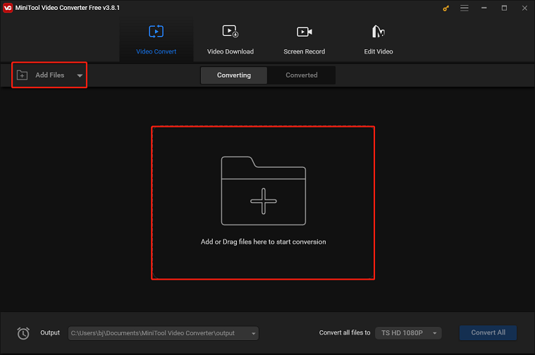 Click the Add Files button or the Add or Drag files here to start conversion area to import video to MiniTool Video Converter