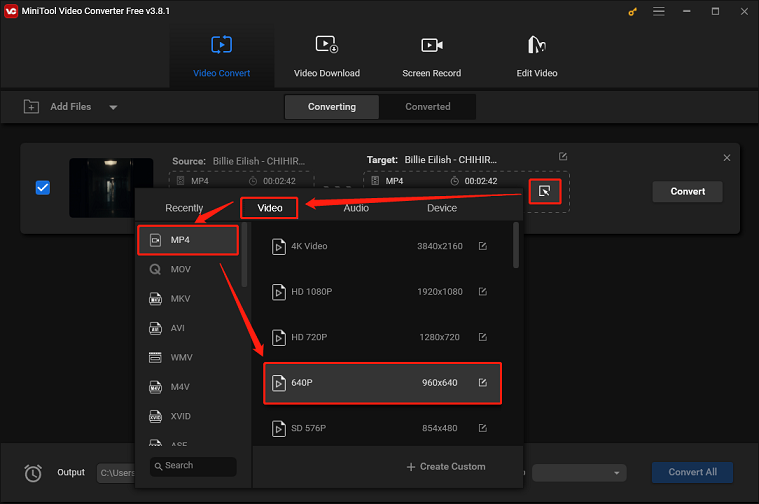 Click the diagonal arrow, switch to the Video tab, select the format, and choose a lower video quality in MiniTool Video Converter