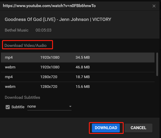 Choose the output format under Download Video/Audio and click on DOWNLOAD in MiniTool Video Converter