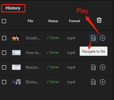 Under History, click on Navigate to file to find the downloaded music and click on Play to listen to it