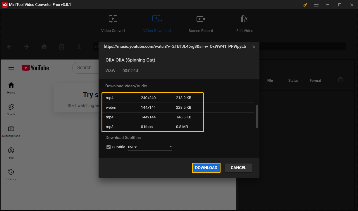 Choose output format and press the DOWNLOAD button