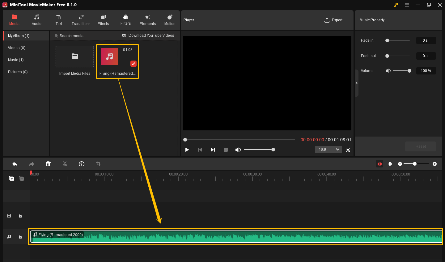 Drag and drop the audio file to the audio track