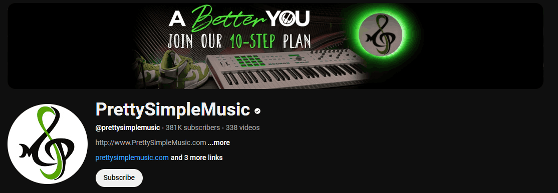 The channel page of PrettySimpleMusic