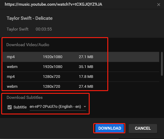 Choose an output format under Download Video/Audio, choose whether to download its subtitles, and click on DOWNLOAD to download music in MiniTool Video Converter