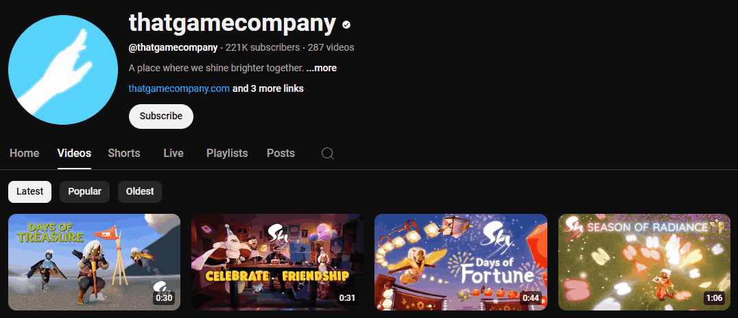 The channel homepage of Thatgamecompany