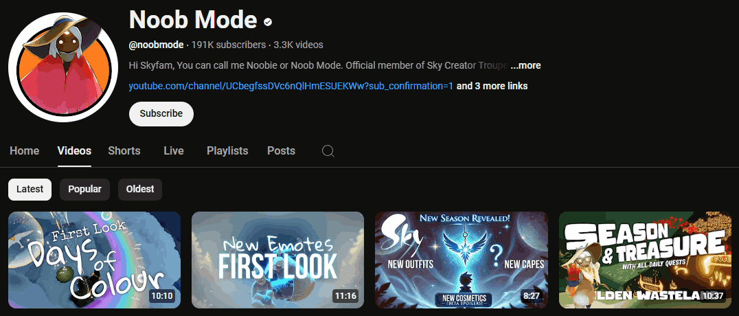 The channel homepage of Noob Mode