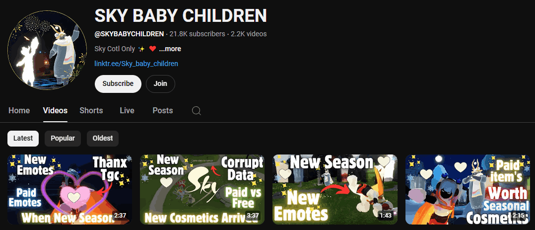 The channel homepage of SKY BABY CHILDREN