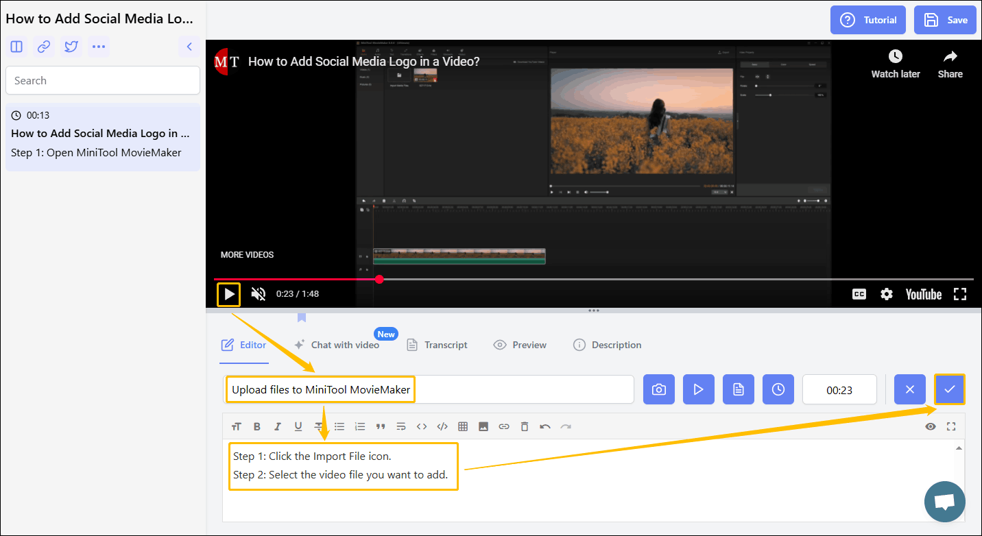 Stop the video, write the note title, edit the note details, and click the √ button